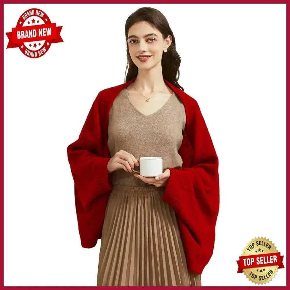 Open Front Cashmere Shawl Wrap with Sleeves Knitted Poncho Cape